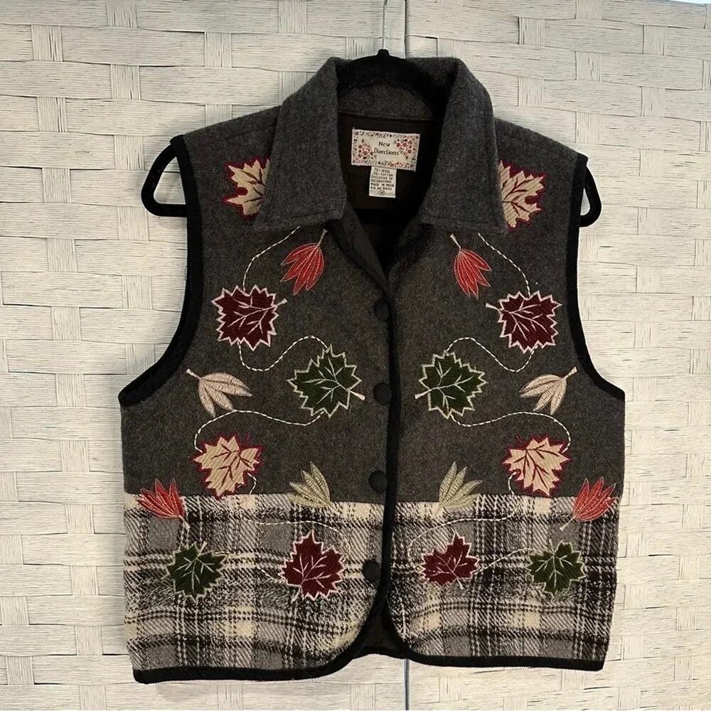 Vintage New Direction Womens Vest 90s Fall Harvest Leaves Felted Wool Vest